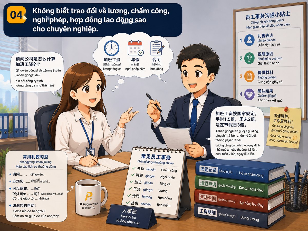 Không biết trao đổi về lương, chấm công, nghỉ phép, hợp đồng